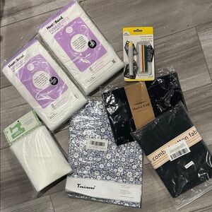 Sewing Items: Cotton Material, Heat n Bond Fleece, Interfacing, and Skinny Chalk